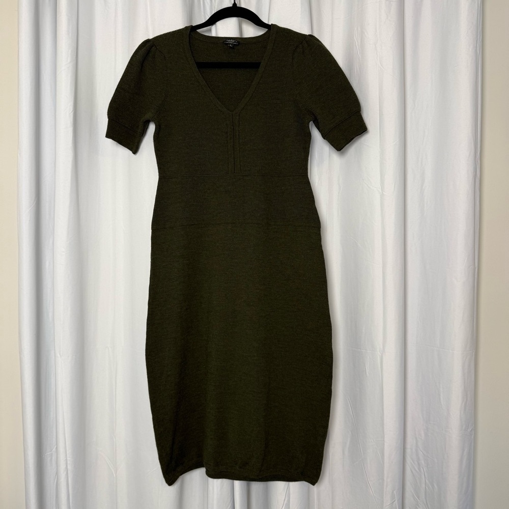 Talbots Olive Green Ribbed Knit Dress Wool Blend V Neck Short Sleeve Small - Picture 4 of 14